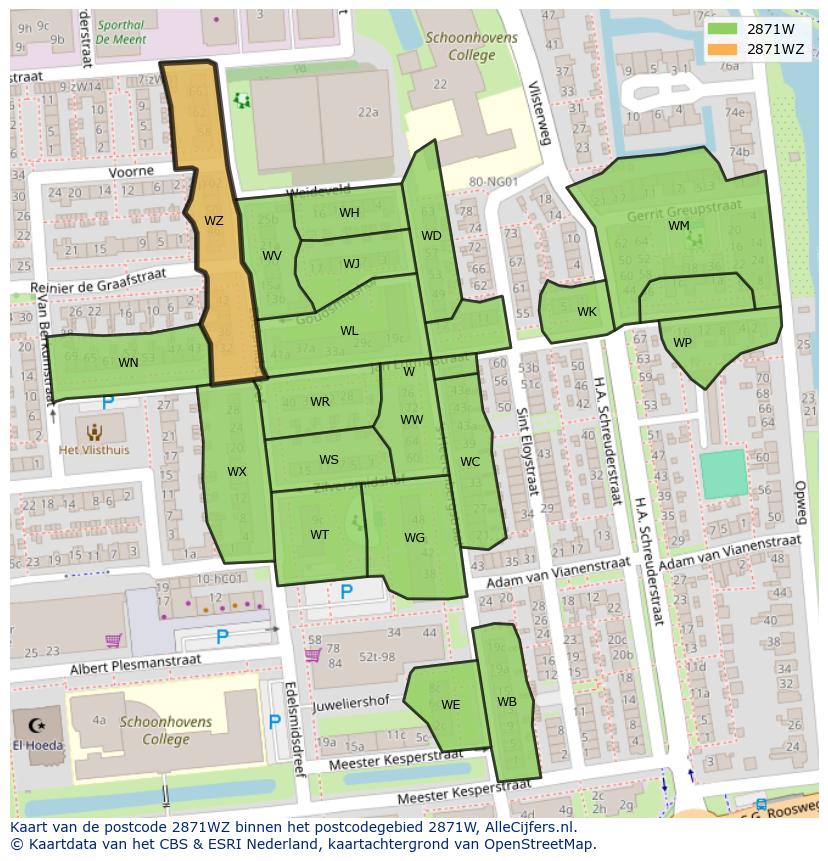 Afbeelding van het postcodegebied 2871 WZ op de kaart.