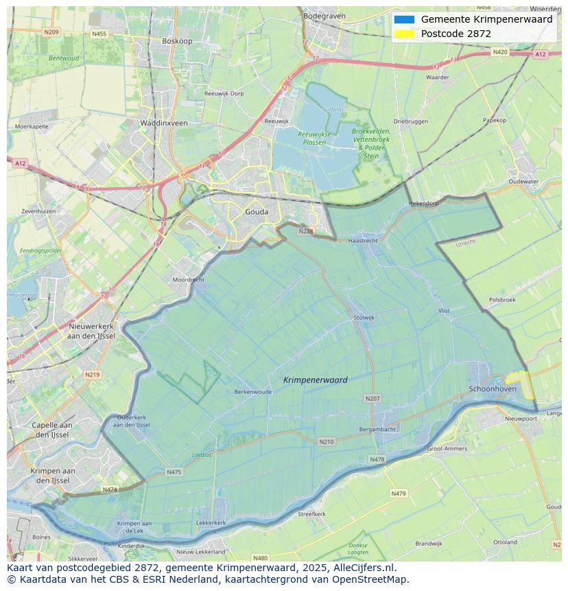 Afbeelding van het postcodegebied 2872 op de kaart.