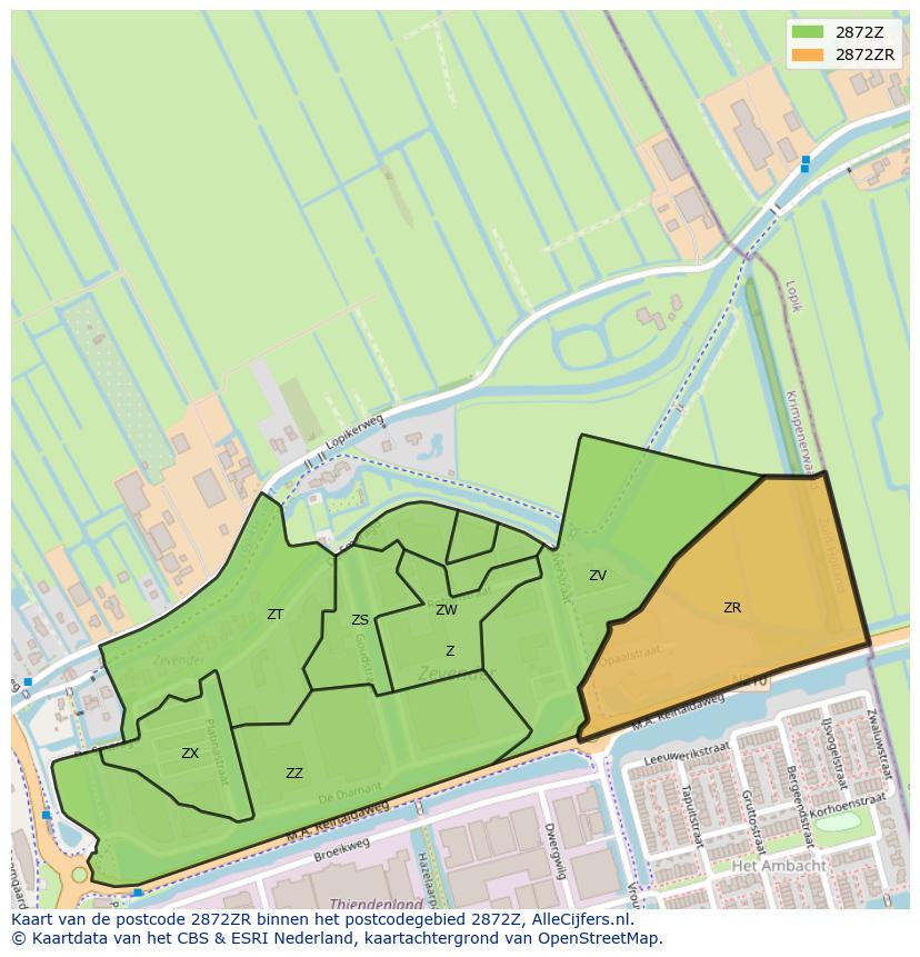 Afbeelding van het postcodegebied 2872 ZR op de kaart.
