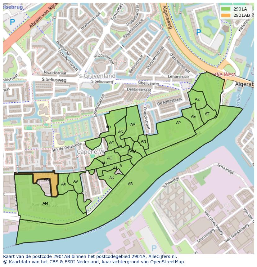 Afbeelding van het postcodegebied 2901 AB op de kaart.
