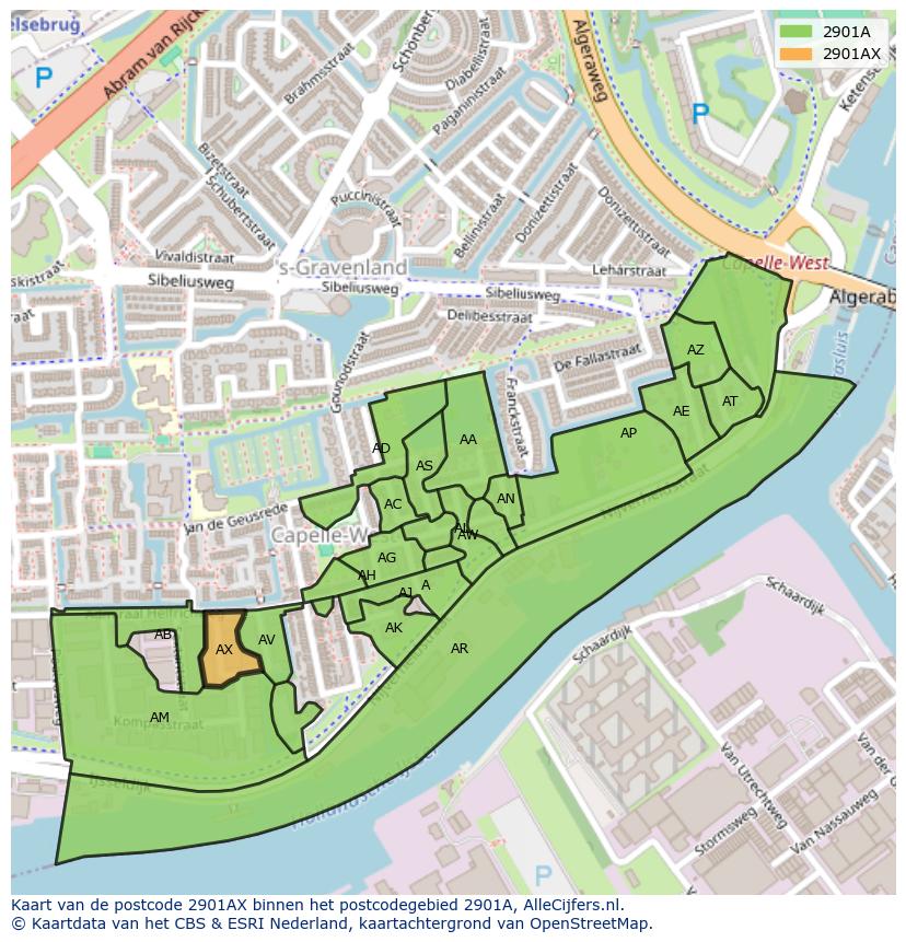 Afbeelding van het postcodegebied 2901 AX op de kaart.