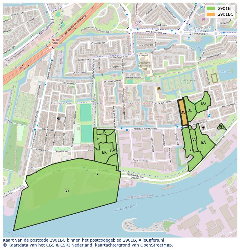 Afbeelding van het postcodegebied 2901 BC op de kaart.