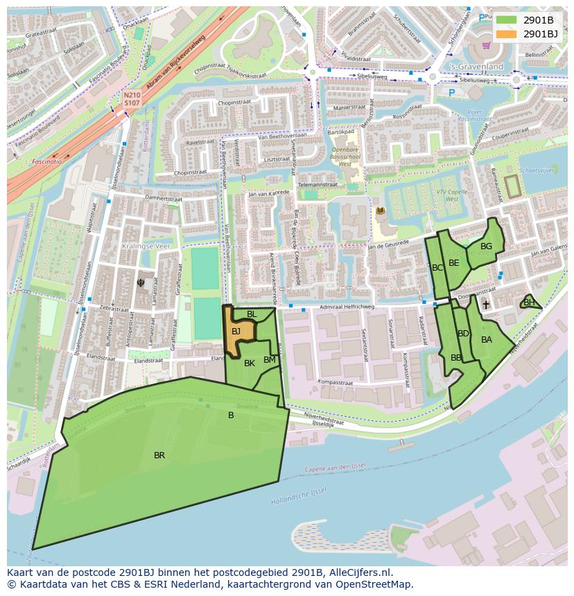 Afbeelding van het postcodegebied 2901 BJ op de kaart.