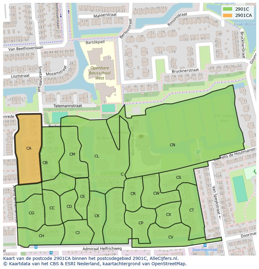 Afbeelding van het postcodegebied 2901 CA op de kaart.