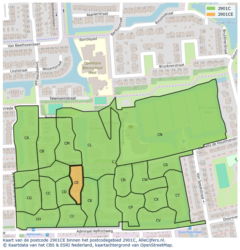Afbeelding van het postcodegebied 2901 CE op de kaart.
