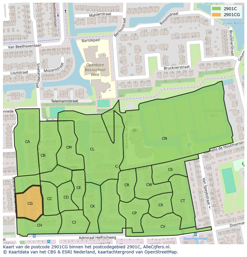 Afbeelding van het postcodegebied 2901 CG op de kaart.