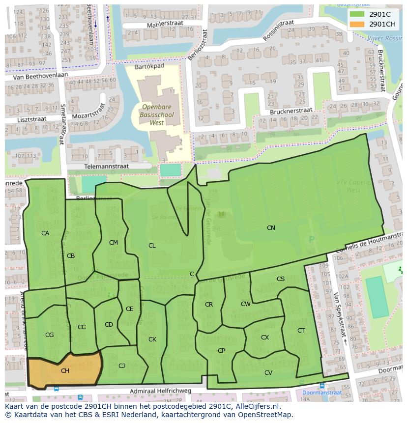 Afbeelding van het postcodegebied 2901 CH op de kaart.