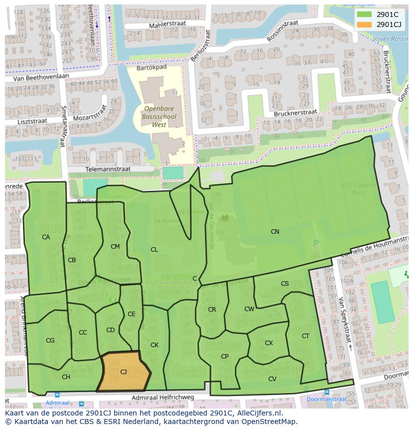 Afbeelding van het postcodegebied 2901 CJ op de kaart.