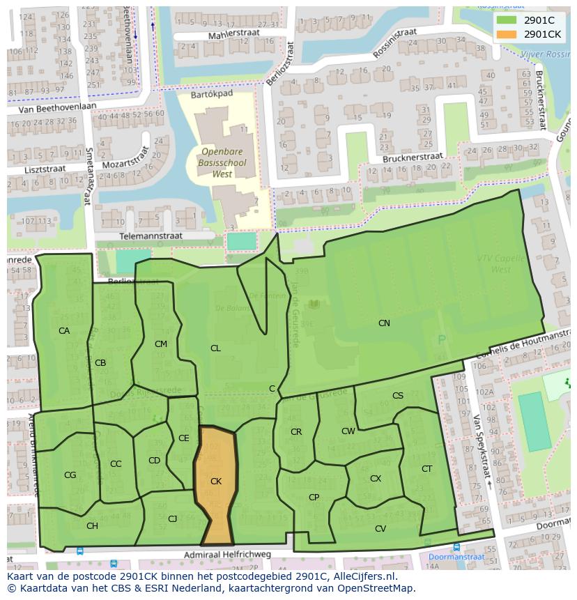 Afbeelding van het postcodegebied 2901 CK op de kaart.