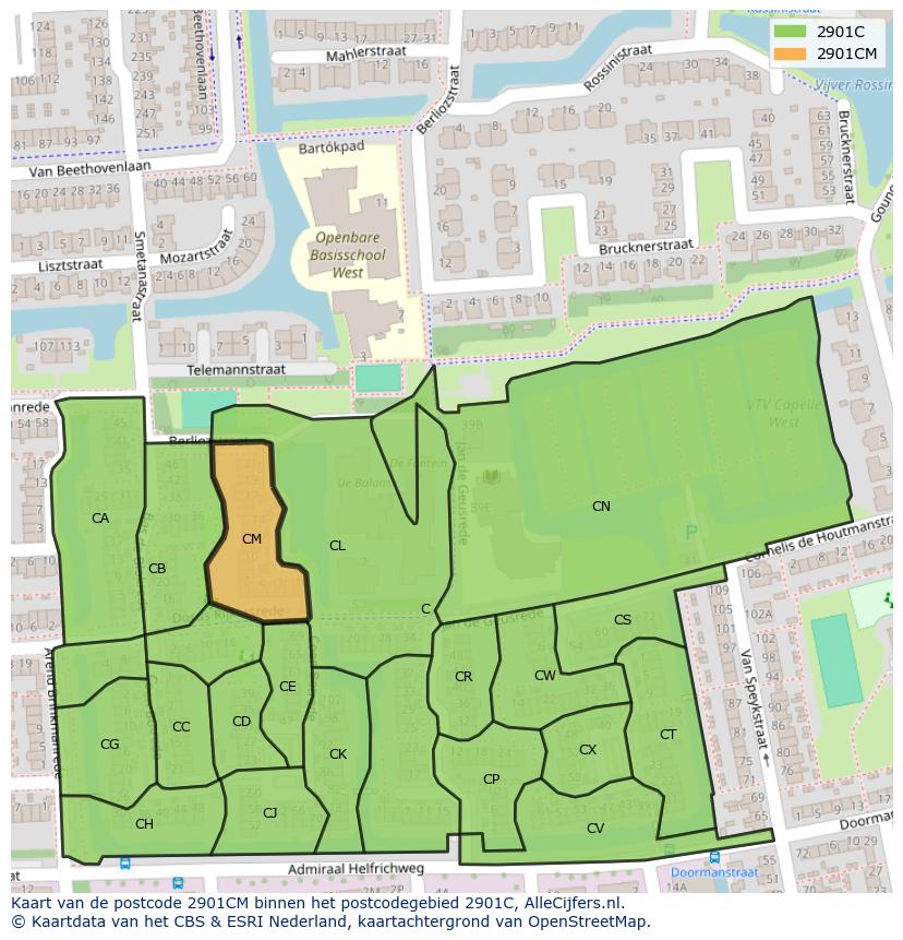 Afbeelding van het postcodegebied 2901 CM op de kaart.