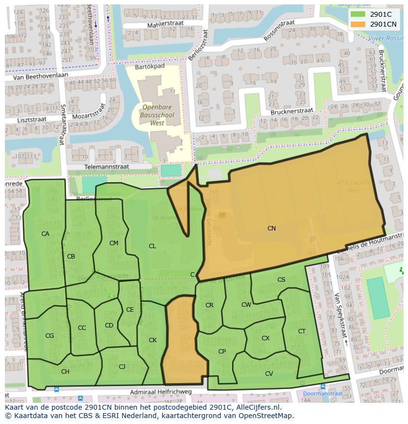 Afbeelding van het postcodegebied 2901 CN op de kaart.