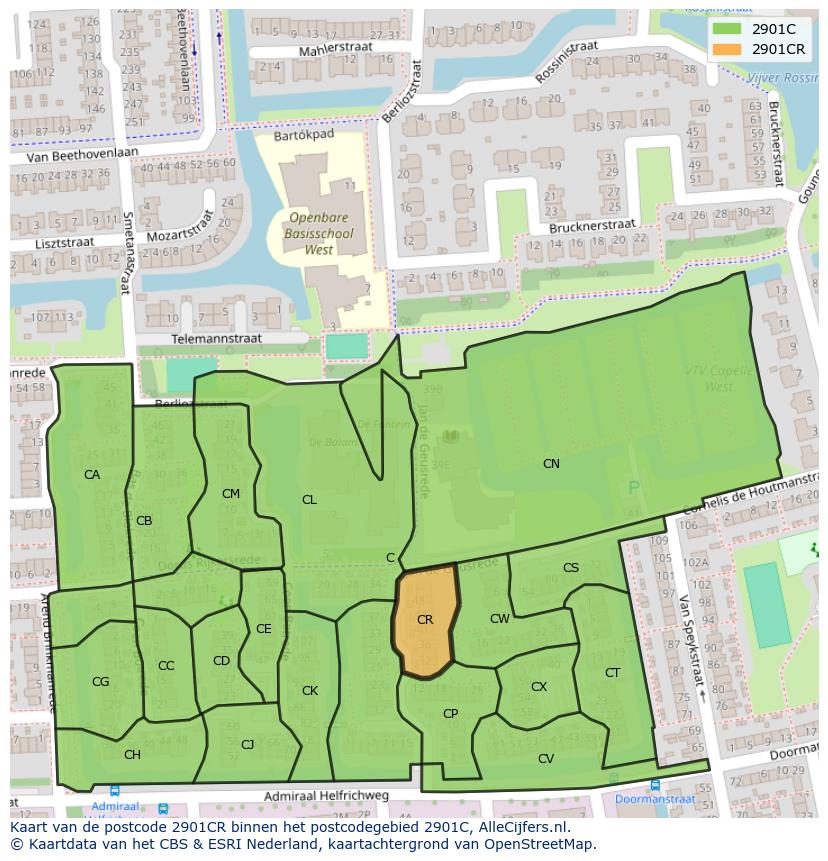 Afbeelding van het postcodegebied 2901 CR op de kaart.