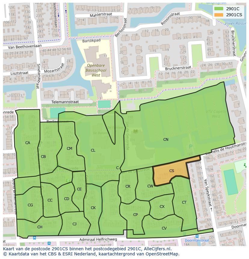 Afbeelding van het postcodegebied 2901 CS op de kaart.