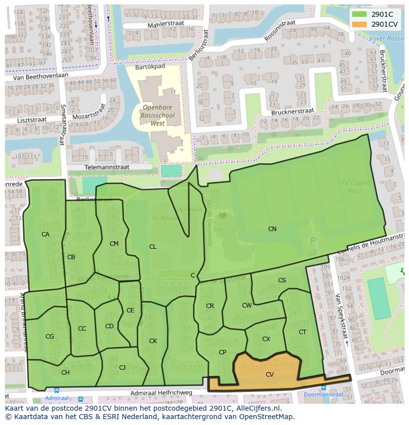 Afbeelding van het postcodegebied 2901 CV op de kaart.