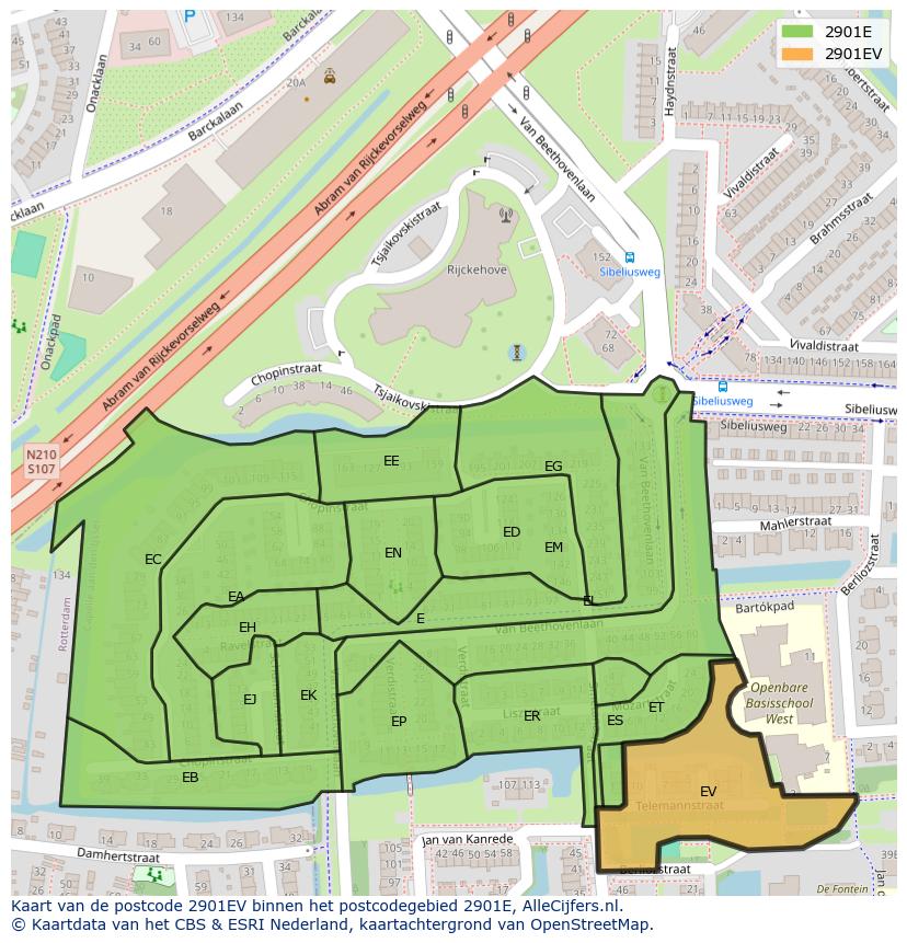Afbeelding van het postcodegebied 2901 EV op de kaart.