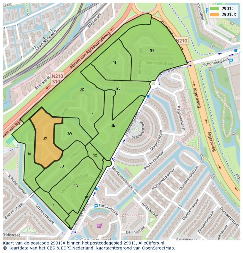 Afbeelding van het postcodegebied 2901 JX op de kaart.