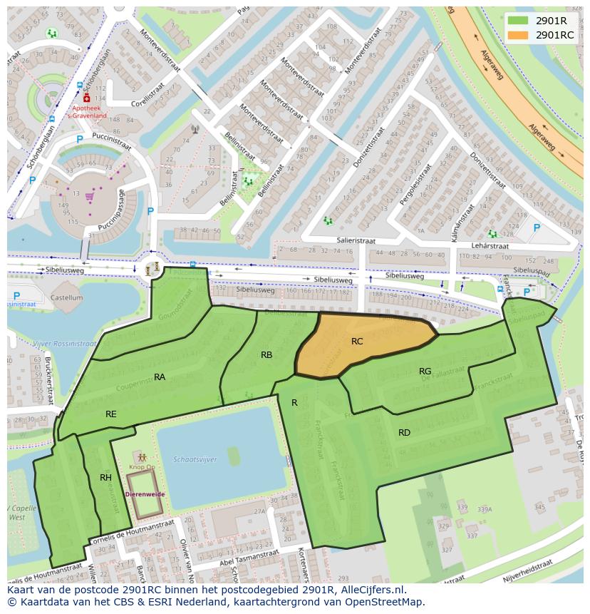 Afbeelding van het postcodegebied 2901 RC op de kaart.