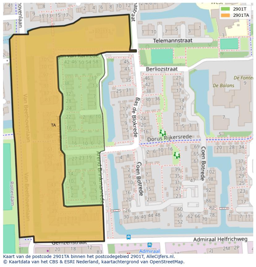 Afbeelding van het postcodegebied 2901 TA op de kaart.