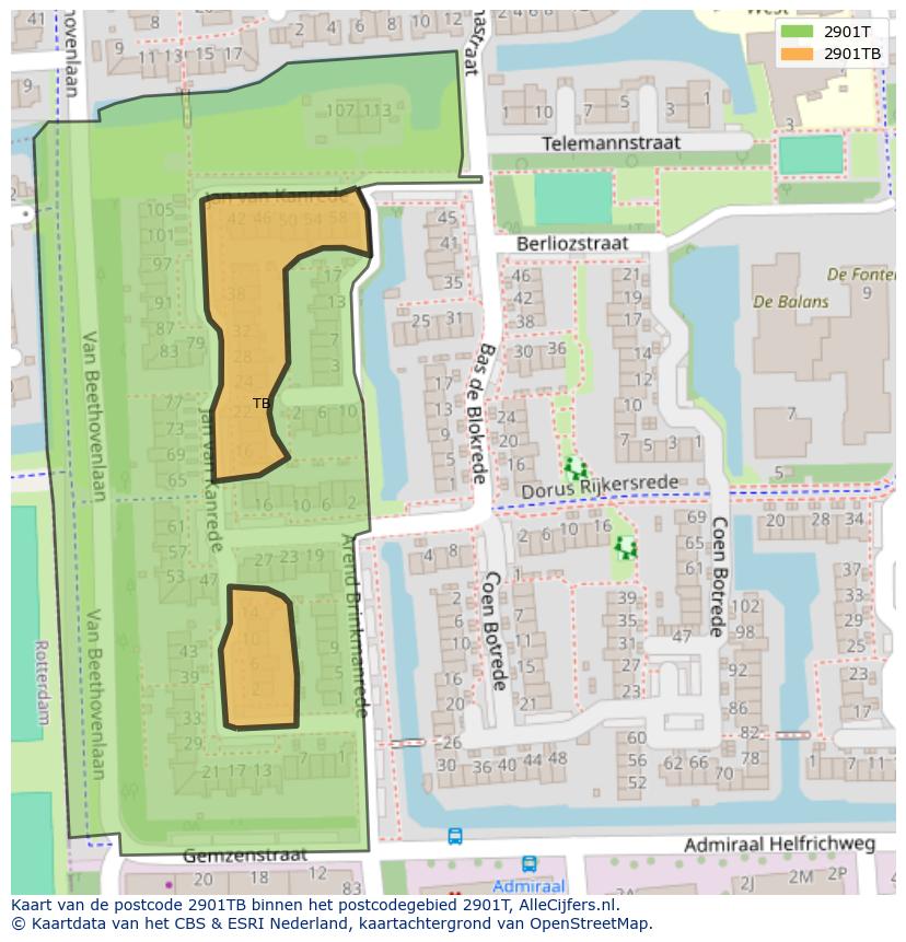 Afbeelding van het postcodegebied 2901 TB op de kaart.