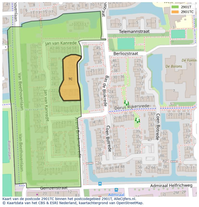 Afbeelding van het postcodegebied 2901 TC op de kaart.