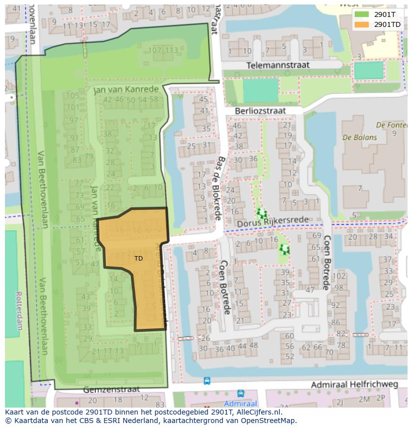 Afbeelding van het postcodegebied 2901 TD op de kaart.