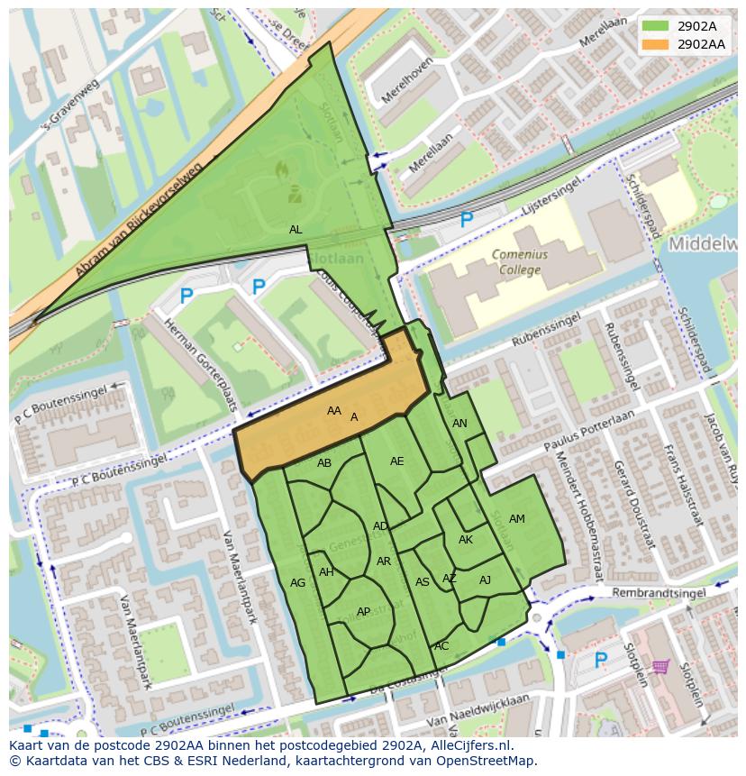 Afbeelding van het postcodegebied 2902 AA op de kaart.