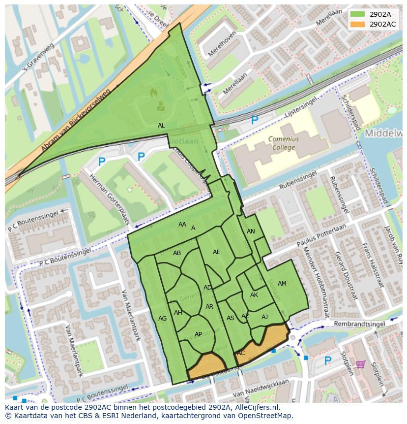 Afbeelding van het postcodegebied 2902 AC op de kaart.