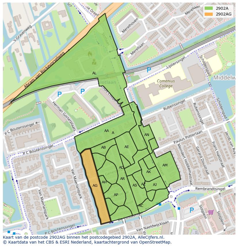 Afbeelding van het postcodegebied 2902 AG op de kaart.