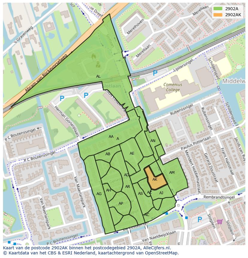 Afbeelding van het postcodegebied 2902 AK op de kaart.
