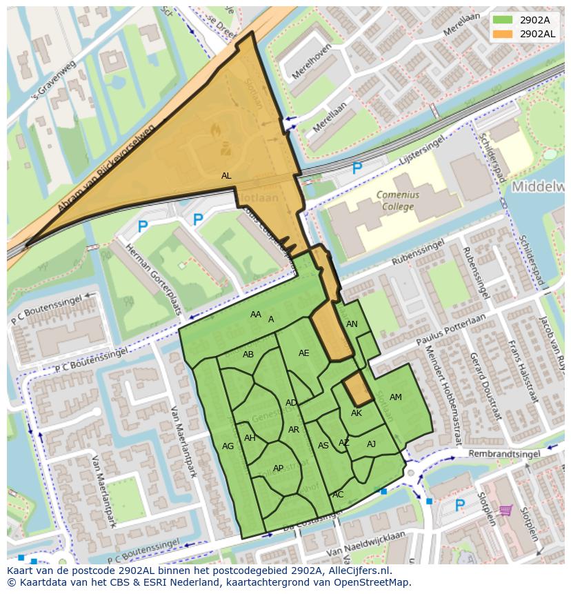 Afbeelding van het postcodegebied 2902 AL op de kaart.