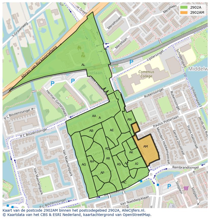Afbeelding van het postcodegebied 2902 AM op de kaart.