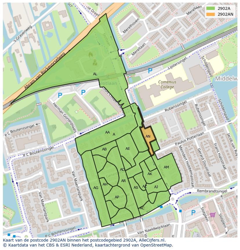 Afbeelding van het postcodegebied 2902 AN op de kaart.