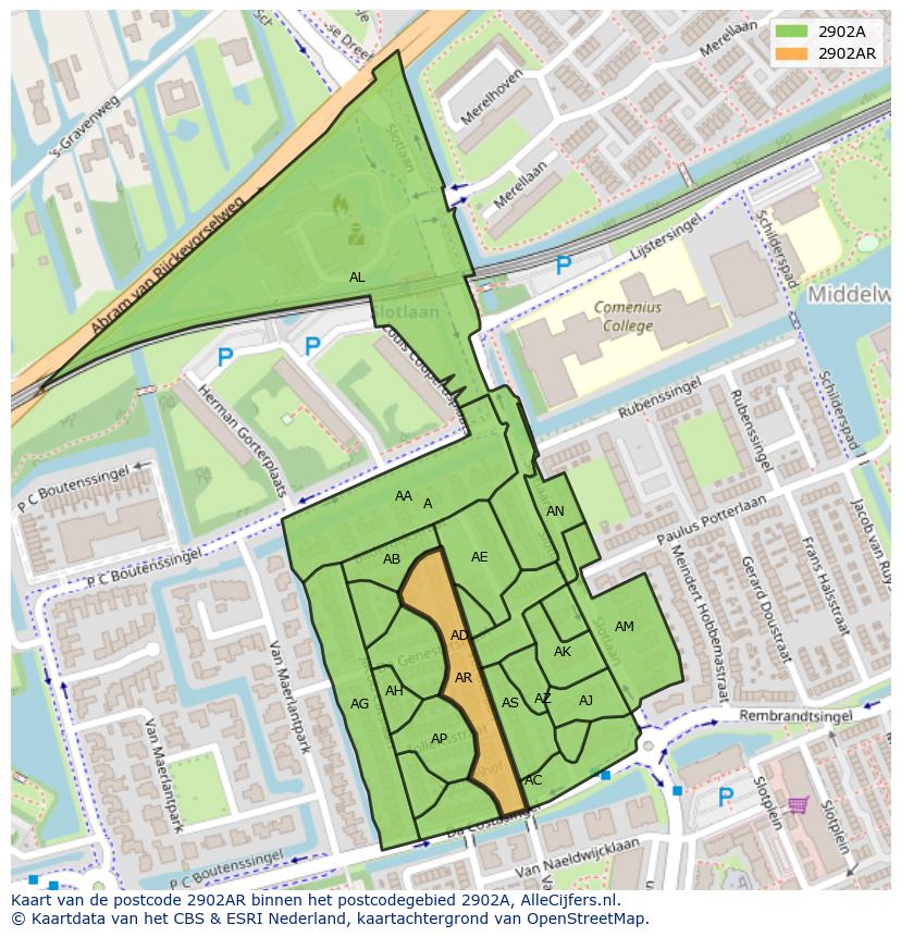 Afbeelding van het postcodegebied 2902 AR op de kaart.