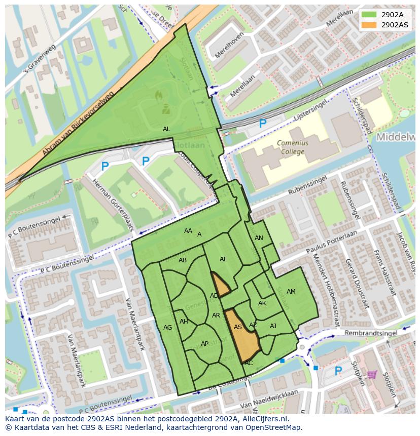 Afbeelding van het postcodegebied 2902 AS op de kaart.