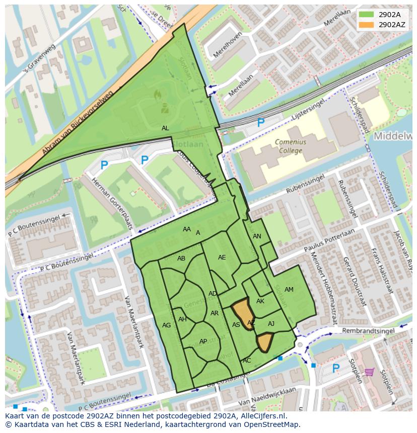 Afbeelding van het postcodegebied 2902 AZ op de kaart.