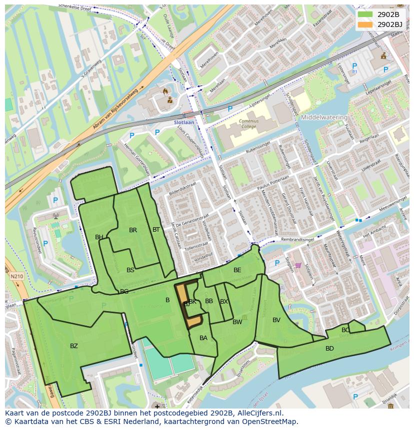 Afbeelding van het postcodegebied 2902 BJ op de kaart.