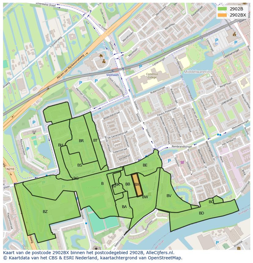 Afbeelding van het postcodegebied 2902 BX op de kaart.