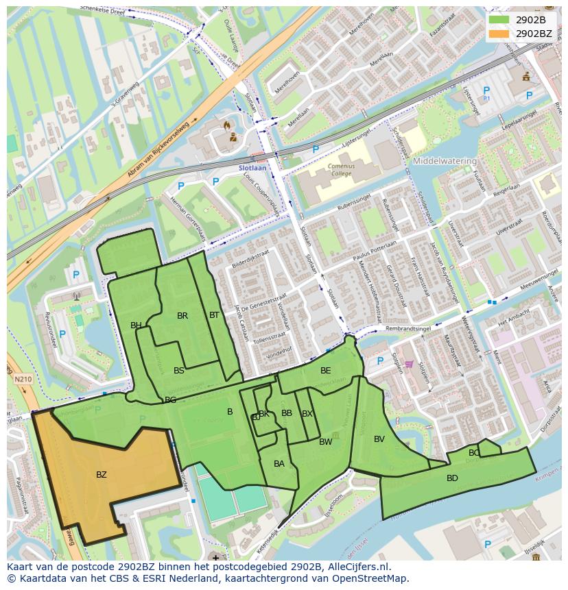 Afbeelding van het postcodegebied 2902 BZ op de kaart.