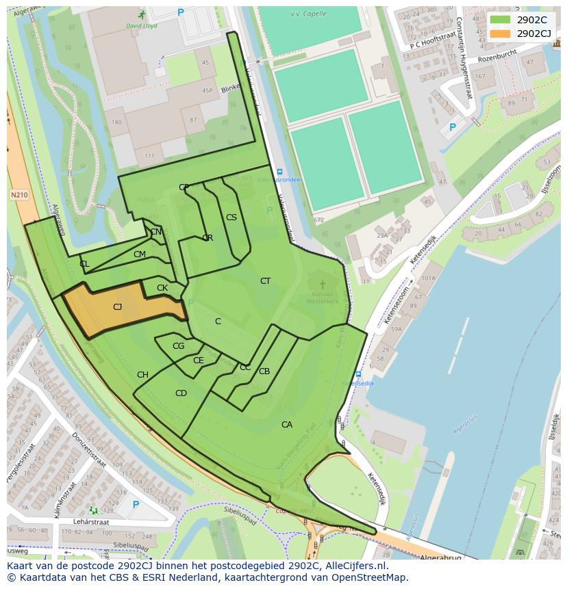 Afbeelding van het postcodegebied 2902 CJ op de kaart.