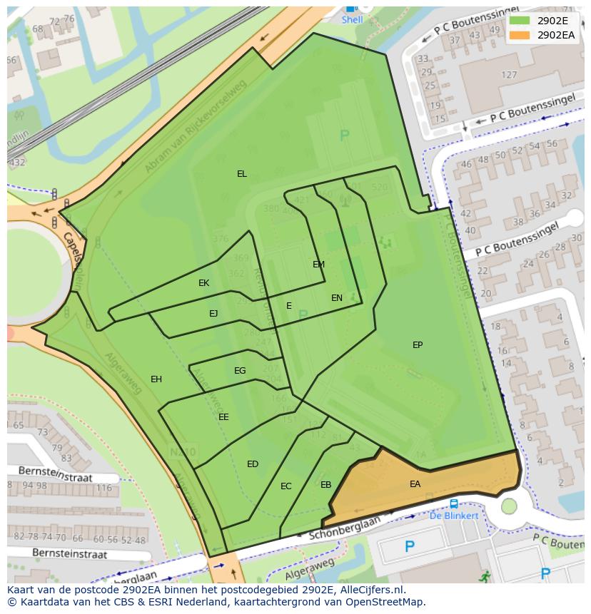 Afbeelding van het postcodegebied 2902 EA op de kaart.