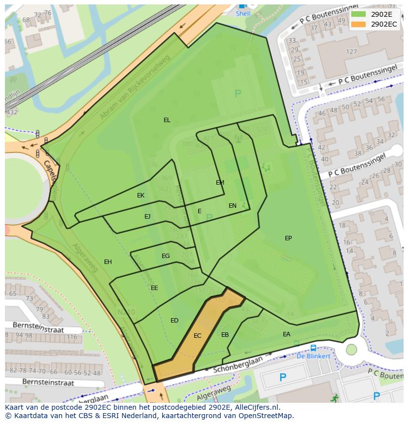 Afbeelding van het postcodegebied 2902 EC op de kaart.