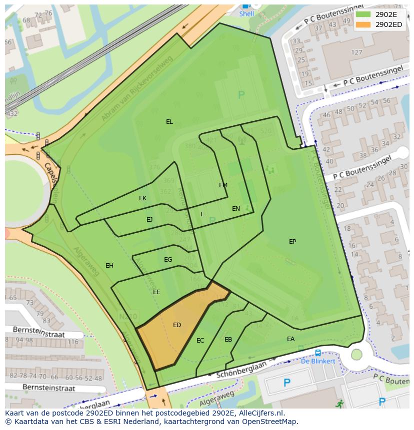 Afbeelding van het postcodegebied 2902 ED op de kaart.