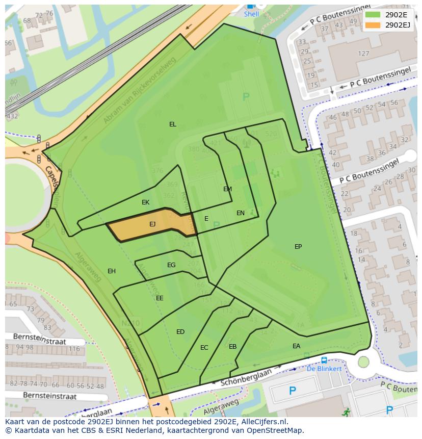 Afbeelding van het postcodegebied 2902 EJ op de kaart.