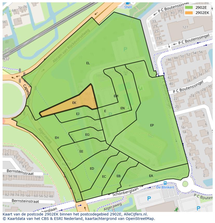 Afbeelding van het postcodegebied 2902 EK op de kaart.