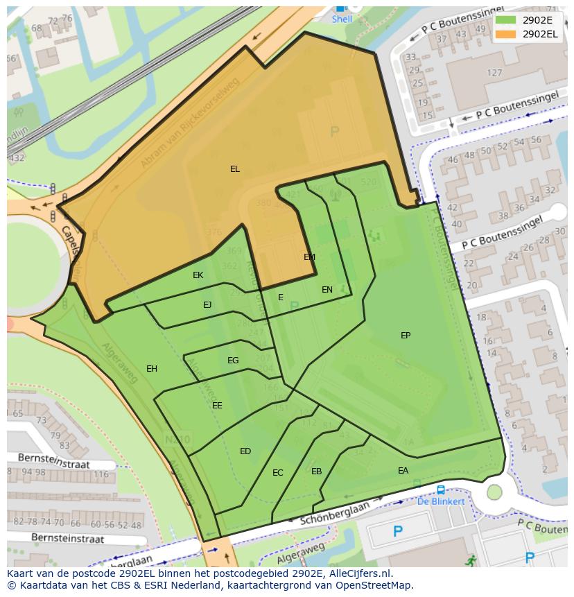Afbeelding van het postcodegebied 2902 EL op de kaart.