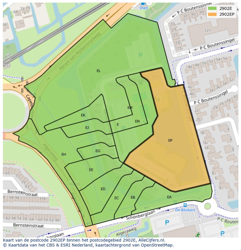 Afbeelding van het postcodegebied 2902 EP op de kaart.