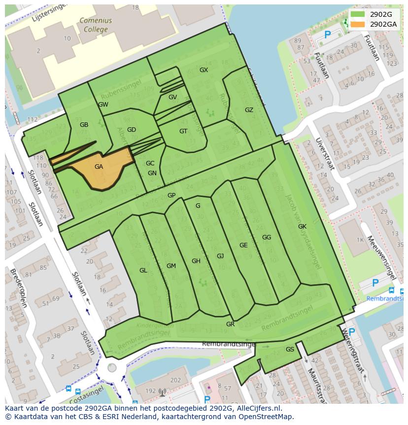 Afbeelding van het postcodegebied 2902 GA op de kaart.
