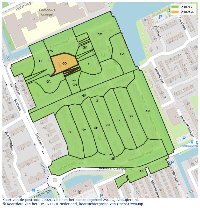 Afbeelding van het postcodegebied 2902 GD op de kaart.