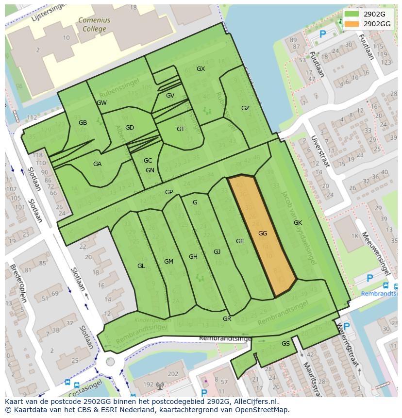 Afbeelding van het postcodegebied 2902 GG op de kaart.