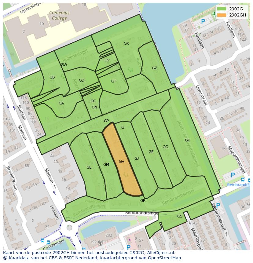 Afbeelding van het postcodegebied 2902 GH op de kaart.